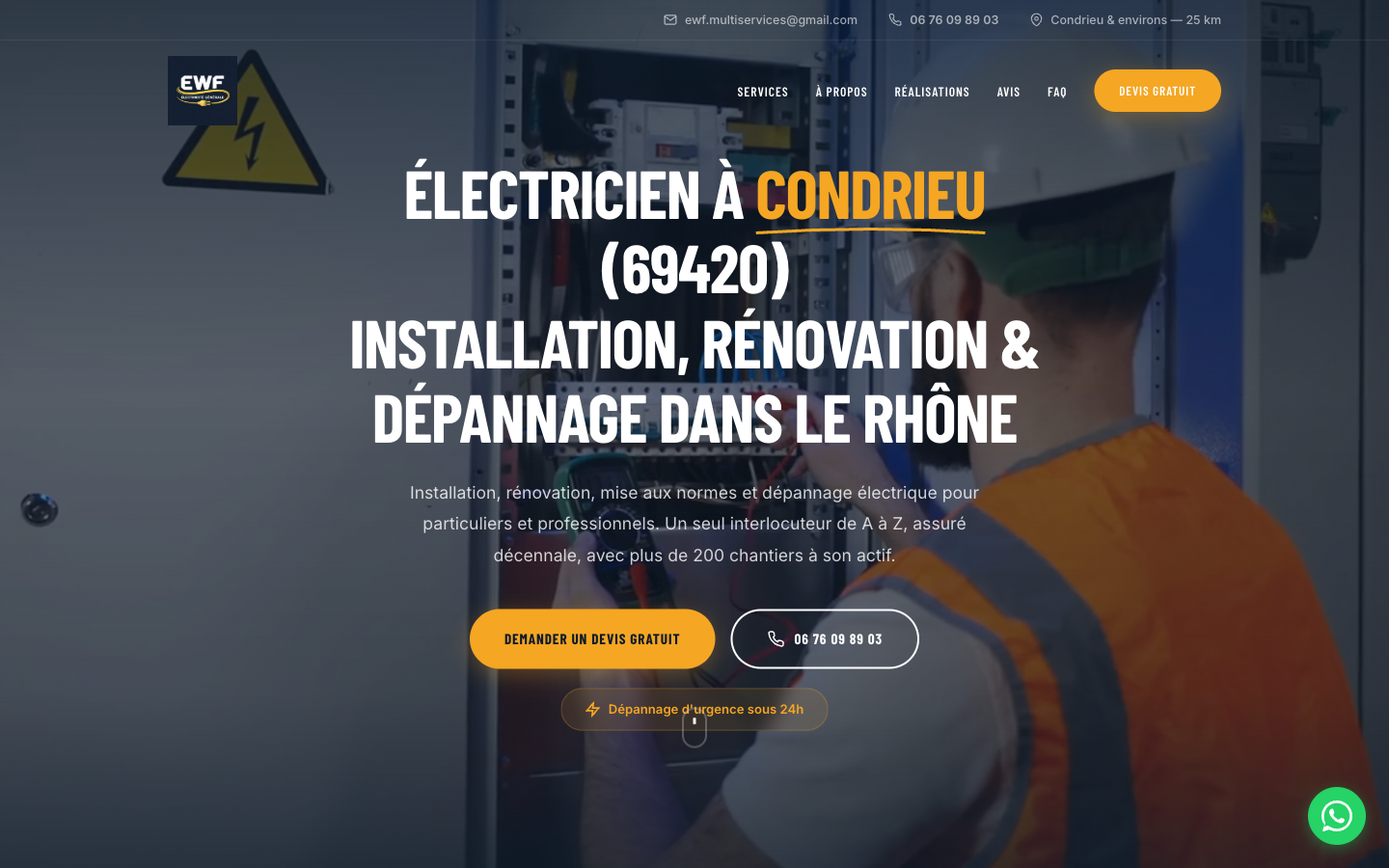 Site EWF Électricité — vitrine artisan électricien à Condrieu